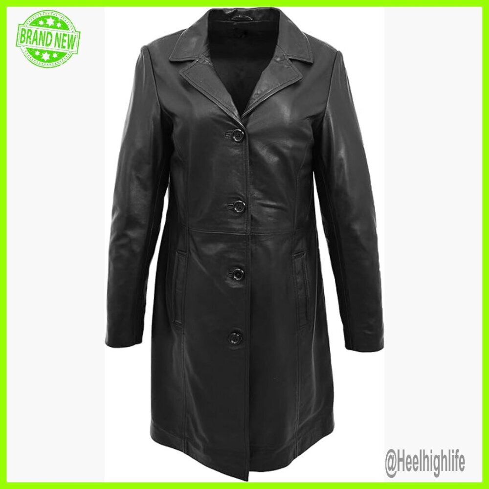Women's Genuine Leather Trench Coat Knee Length Button Front Fitted